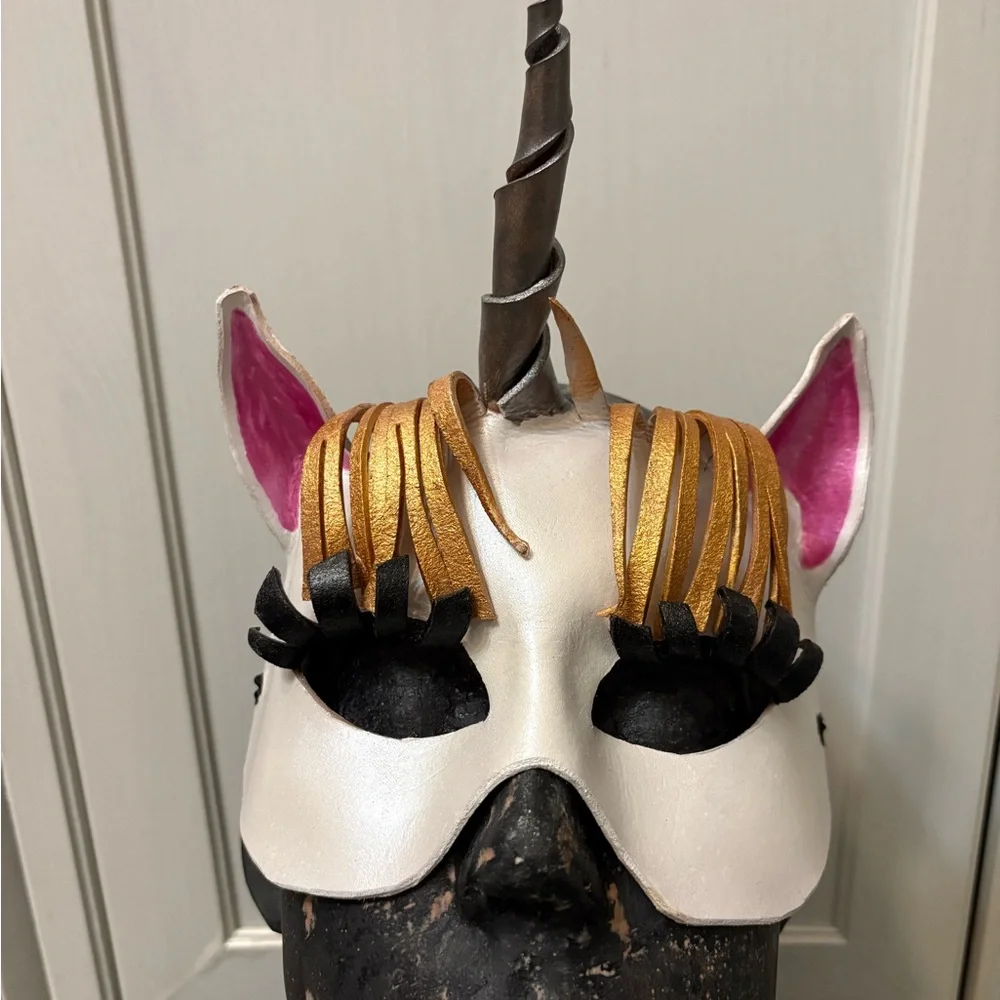 Unicorn Leather Mask with Gold and Pink Accents